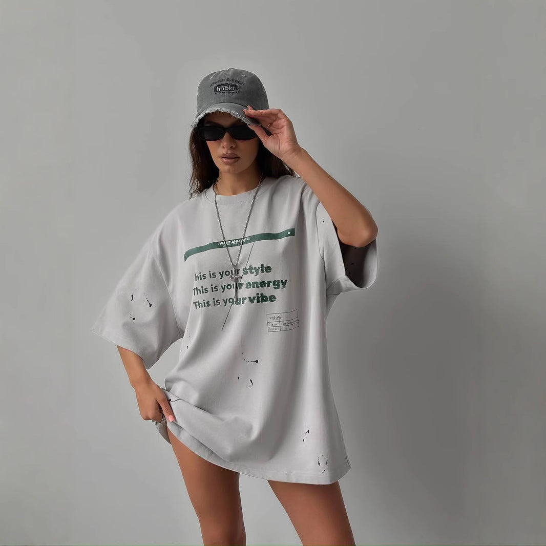 T-shirt femme oversize – Coton mélangé – Coupe large – Graphisme vintage usé