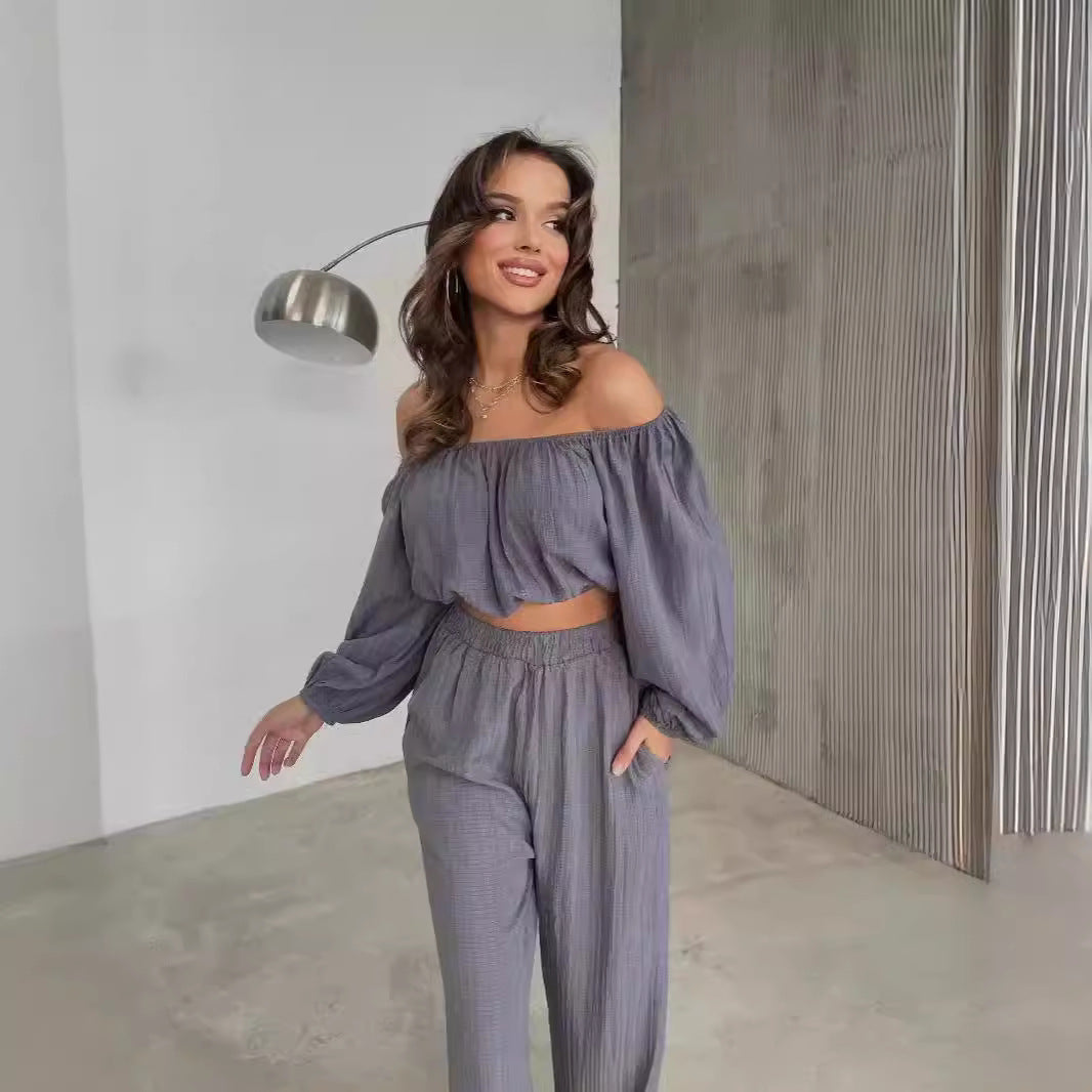 Top court femme – Épaules dénudées – Manches longues bouffantes – Tissu léger