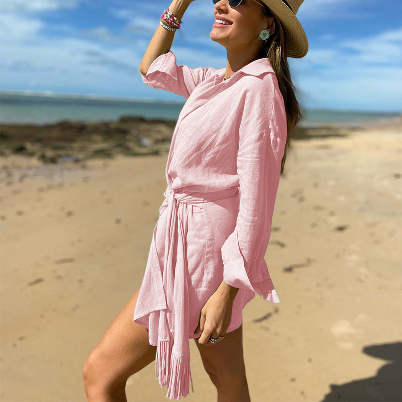 Robe portefeuille femme – Coton lin – Coupe cintrée – Manches longues – Col V