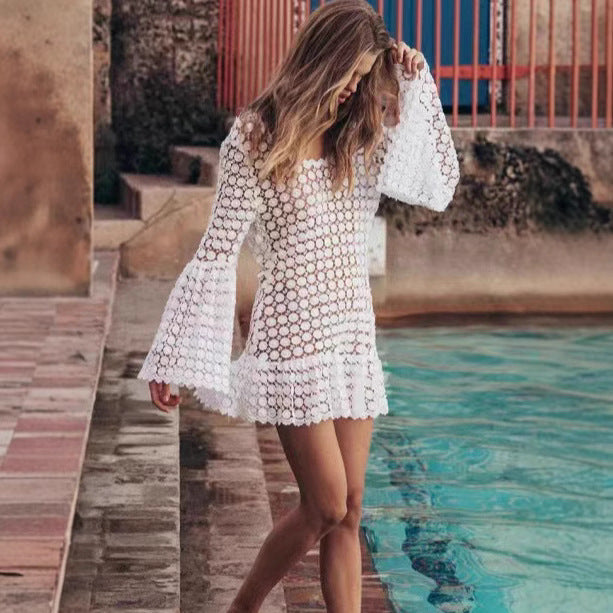 Robe de plage femme – Crochet léger – Coupe fluide – Manches évasées – Mini