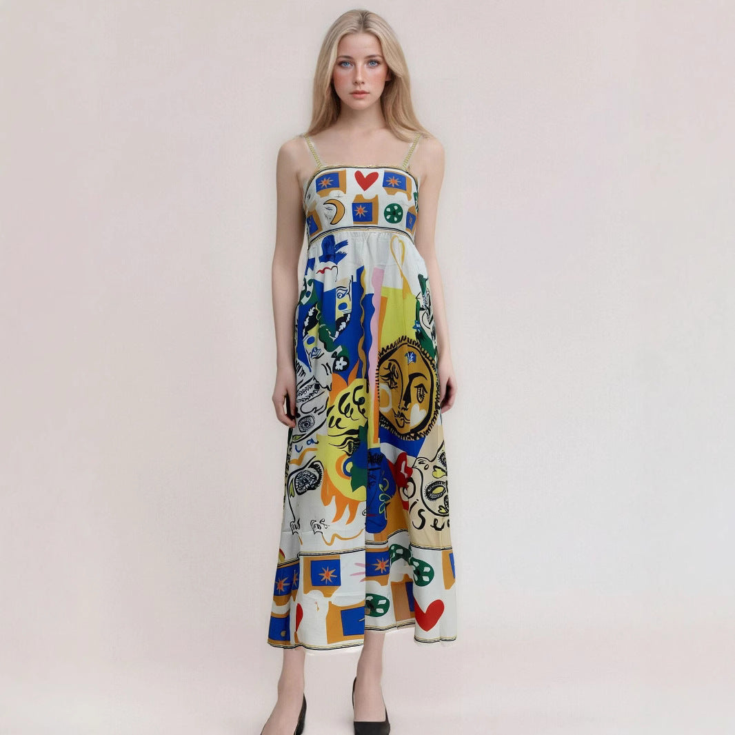 Robe longue femme – Sans manches – Imprimé artistique fluide – Tissu respirant