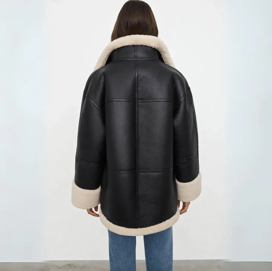 Manteau Femme en Peau de Mouton – Coupe Oversize – Fermeture Zippée – Col Doublé Chaud
