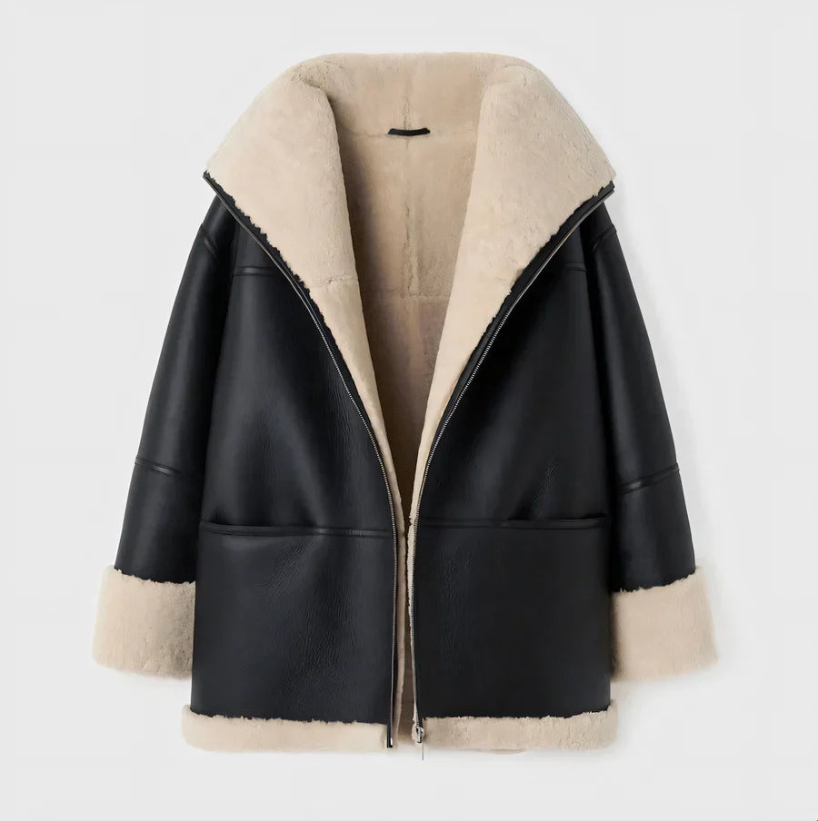 Manteau Femme en Peau de Mouton – Coupe Oversize – Fermeture Zippée – Col Doublé Chaud