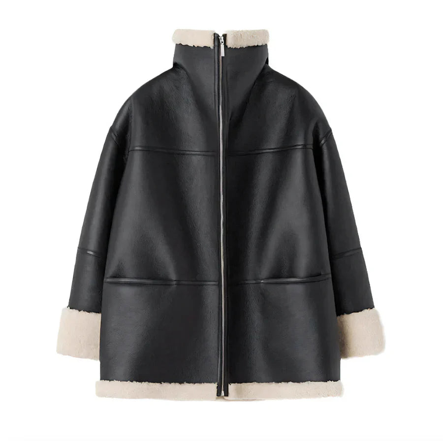 Manteau Femme en Peau de Mouton – Coupe Oversize – Fermeture Zippée – Col Doublé Chaud