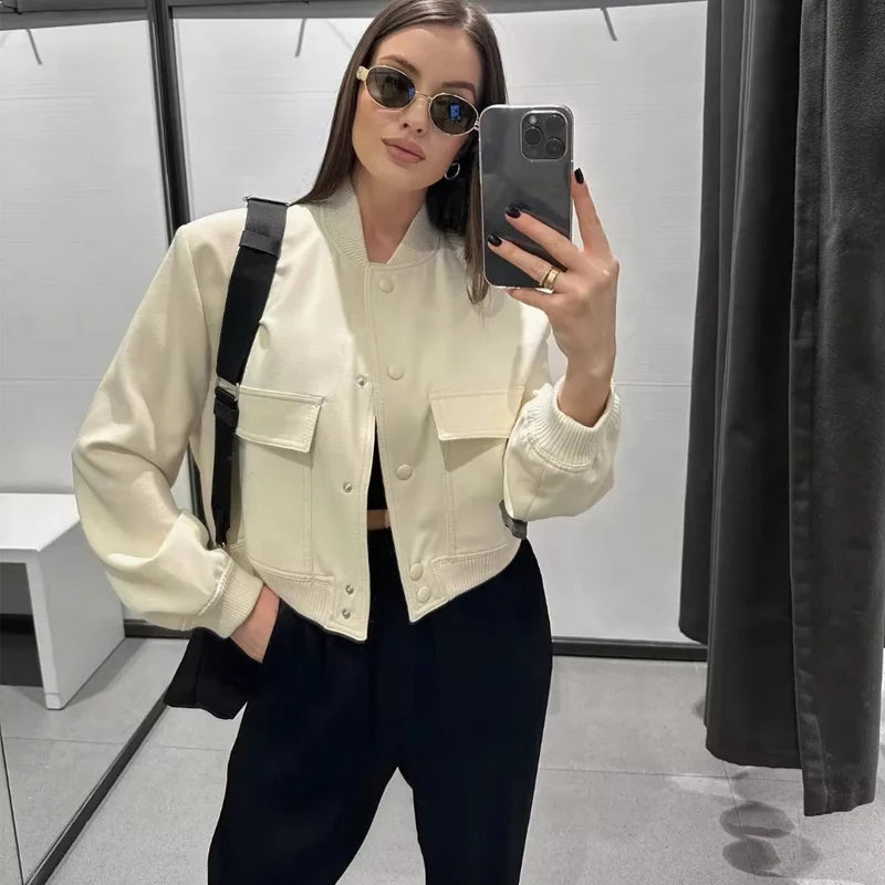 Veste Femme Courte - Coton Structuré - Coupe Décontractée - Poches à Rabat - Col Rond