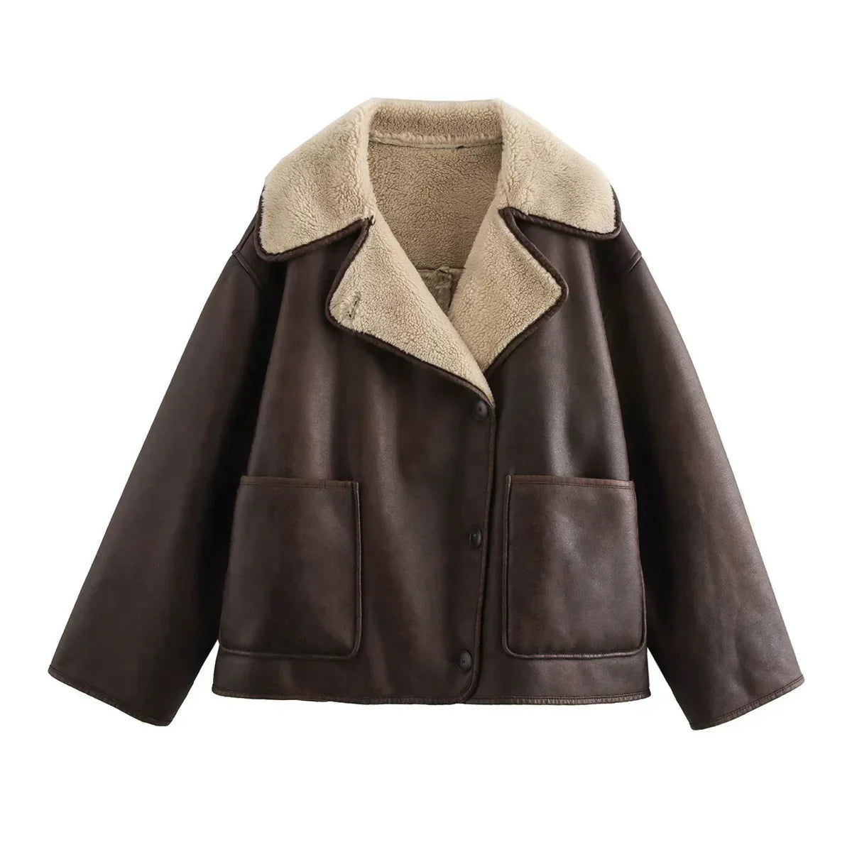 Veste Femme en Cuir Véritable - Doublure Mouton - Coupe Oversize - Col Revers Chic