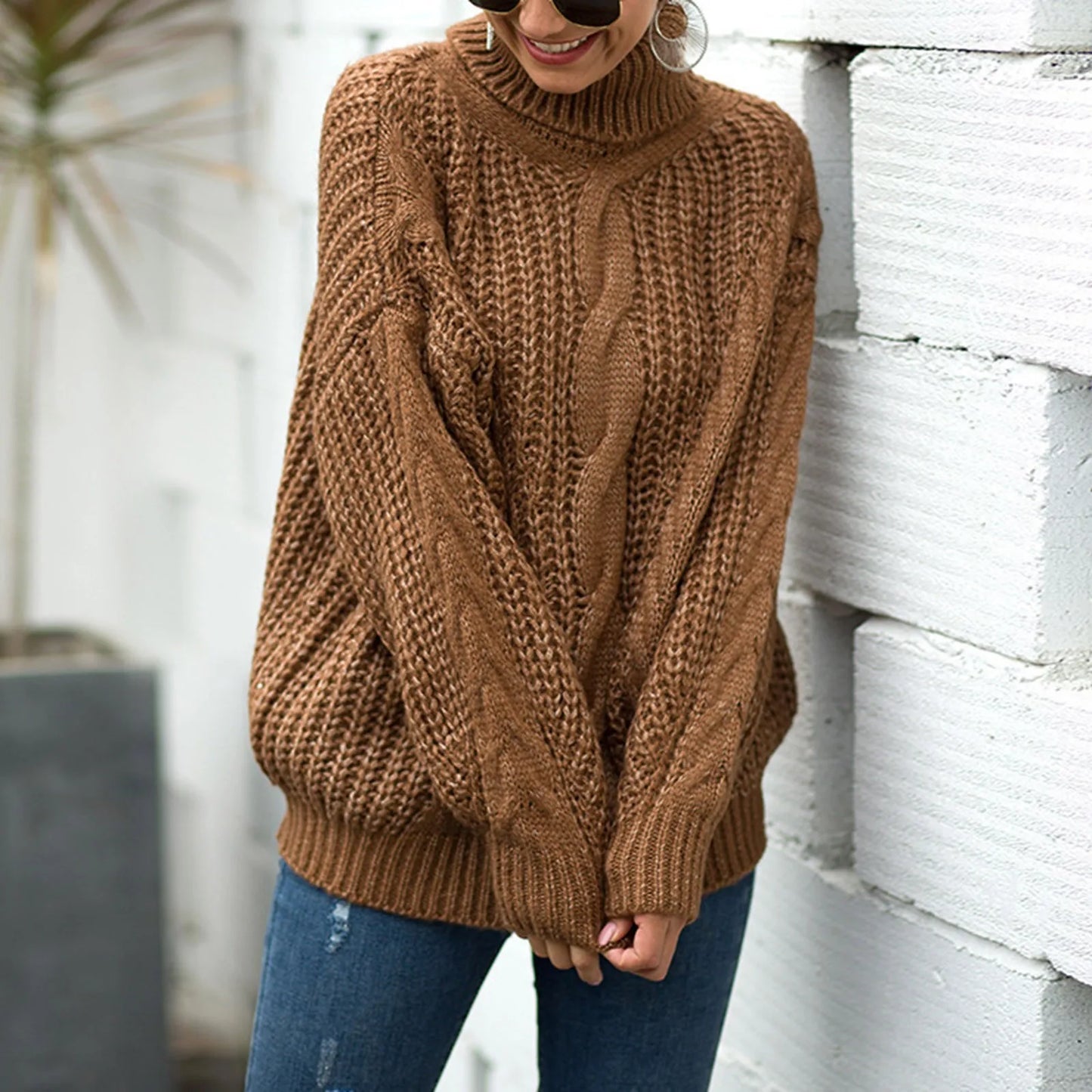 Pull Femme - Maille Côtelée - Col Roulé - Coupe Oversize - Tricot Torsadé Chaleureux
