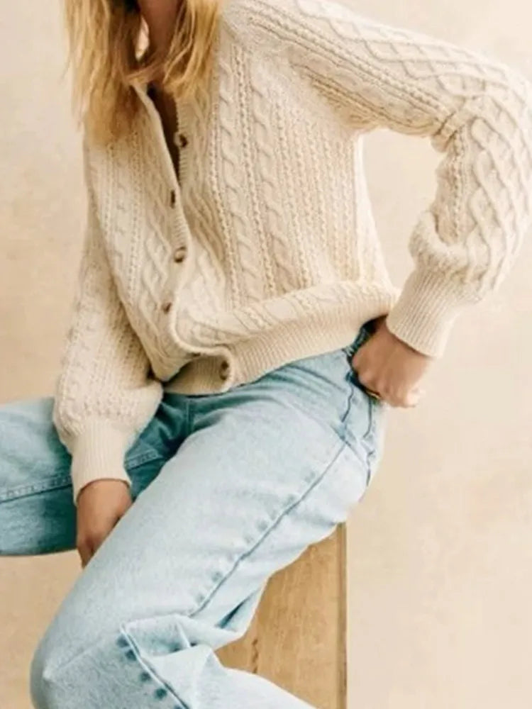 Cardigan Femme – Maille Torsadée – Coupe Décontractée – Col V – Manches Longues
