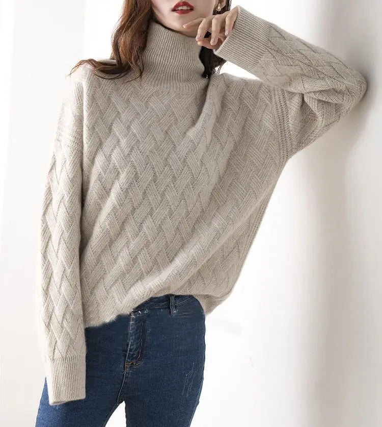 Femme Pull Col Roulé – Maille Torsadée – Coupe Ample – Manches Longues Douces