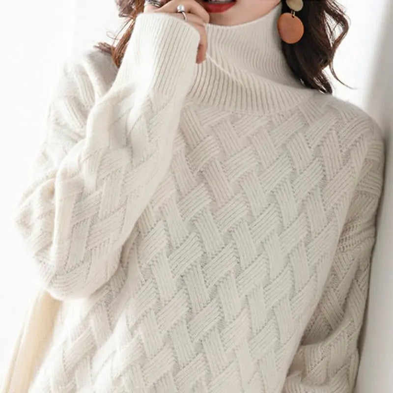 Femme Pull Col Roulé – Maille Torsadée – Coupe Ample – Manches Longues Douces
