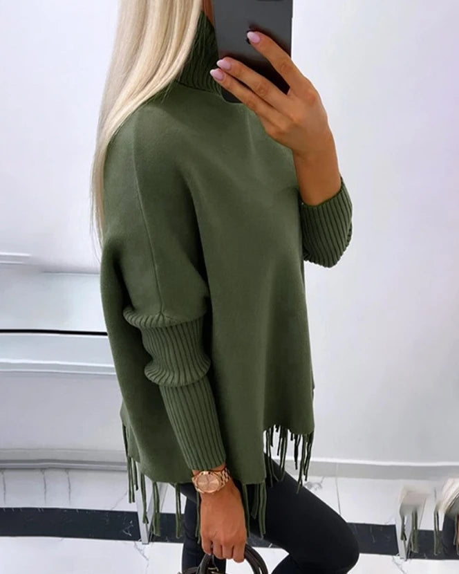 Femme Pull Poncho – Col Roulé Haut – Coupe Ample – Finitions Franges – Manches Côtelées