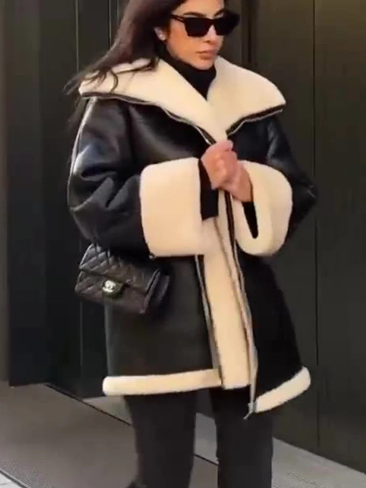 Manteau Femme en Peau de Mouton – Coupe Oversize – Fermeture Zippée – Col Doublé Chaud