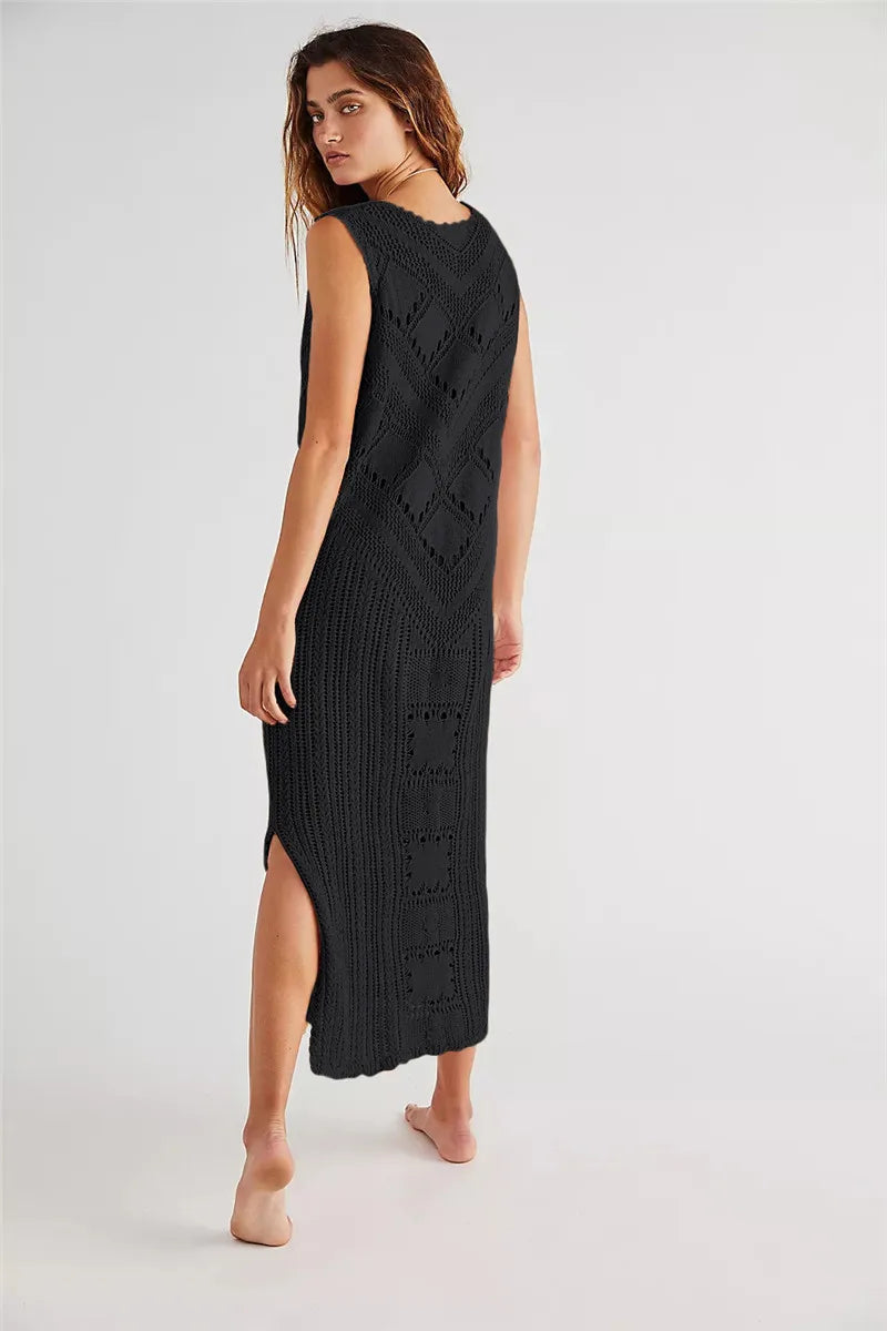 Robe femme – Coupe décontractée – Maille ajourée – Col V – Motif géométrique – Fente côté