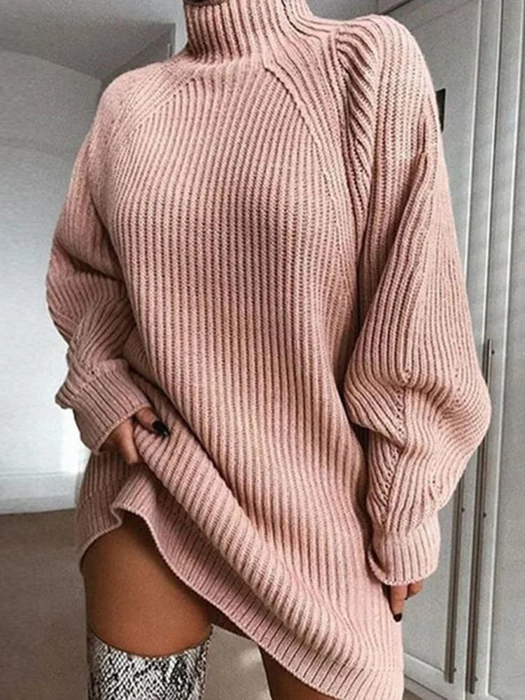 Robe Pull Femme – Maille Côtelée – Col Roulé – Coupe Oversize – Manches Longues