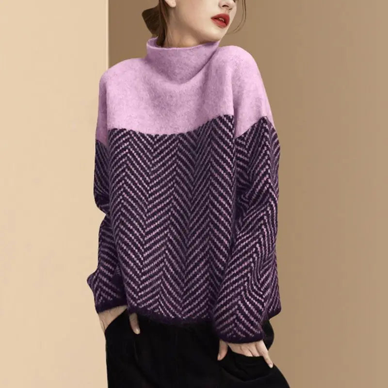 Pull Femme - Col Montant - Coupe Ample - Motif Chevron - Manches Longues - Maille Douce