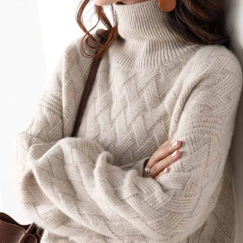 Femme Pull Col Roulé – Maille Torsadée – Coupe Ample – Manches Longues Douces