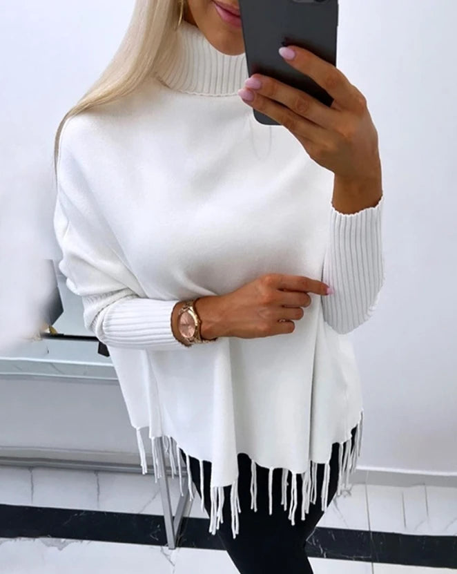 Femme Pull Poncho – Col Roulé Haut – Coupe Ample – Finitions Franges – Manches Côtelées
