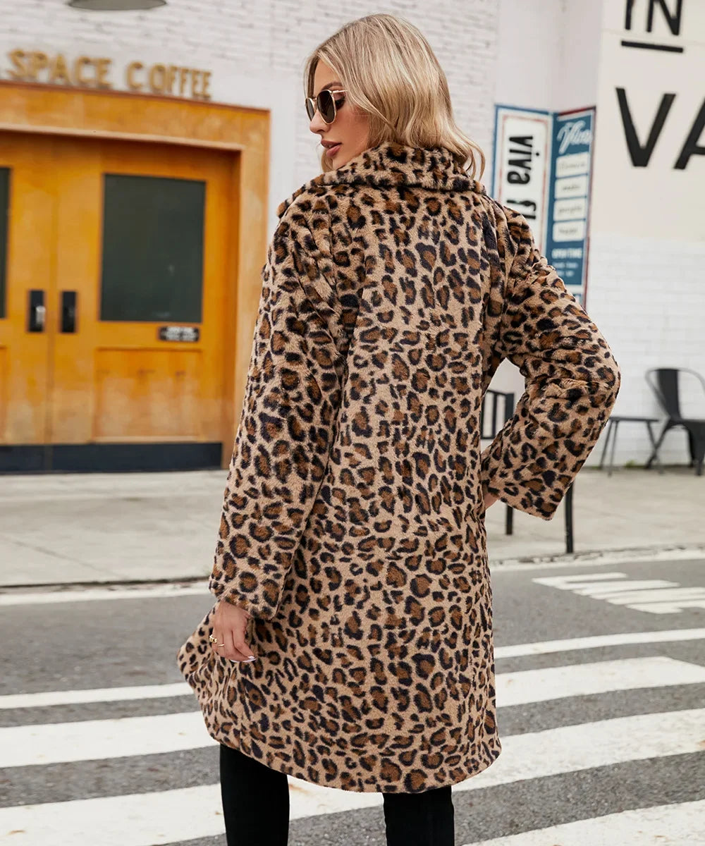 Manteau Long Femme - Fausse Fourrure - Col Revers - Style Élégant Imprimé Léopard