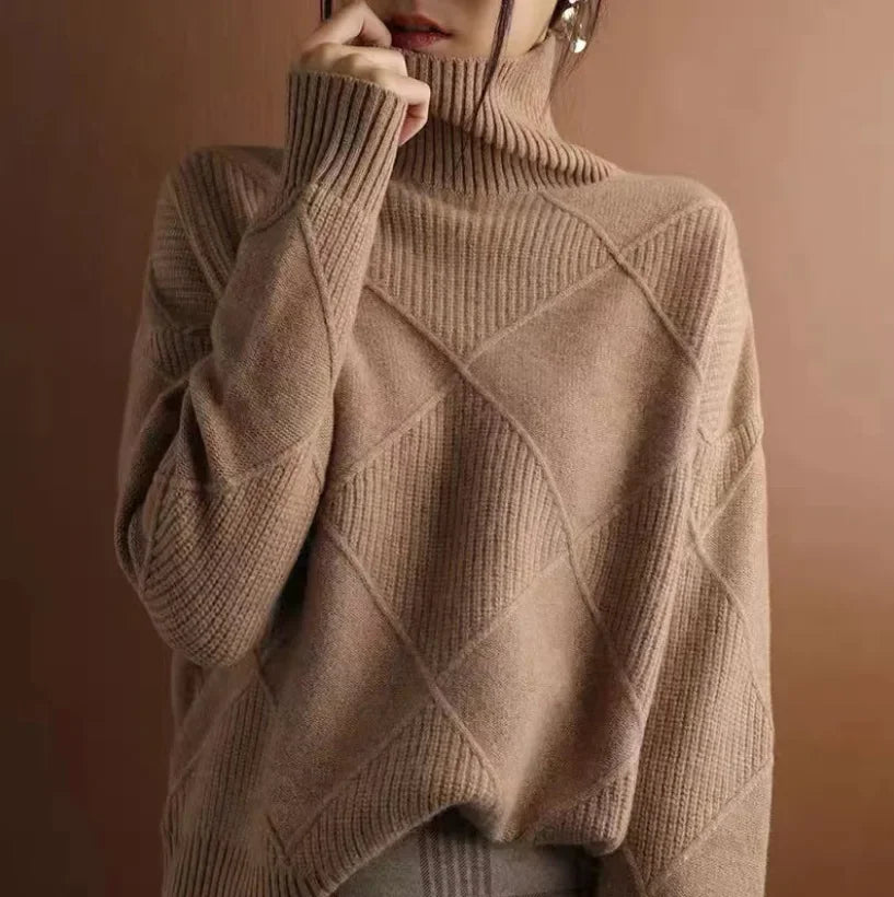 Femme Pull Col Roulé – Laine Mérinos – Maille Texturée – Coupe Ample Confortable