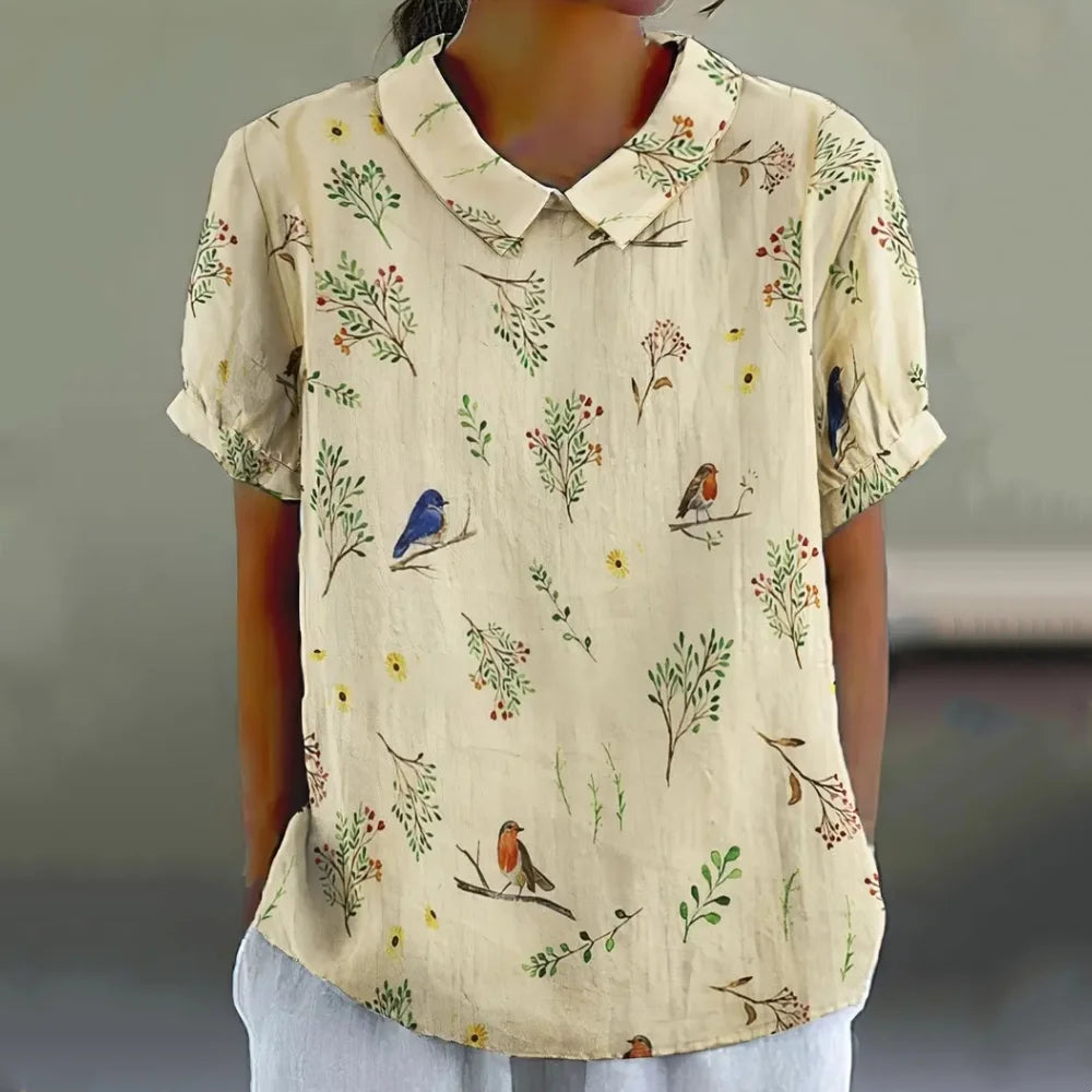 Blouse Femme - Col Claudine - Manches Courtes - Coupe Ample - Imprimé Floral Aéré