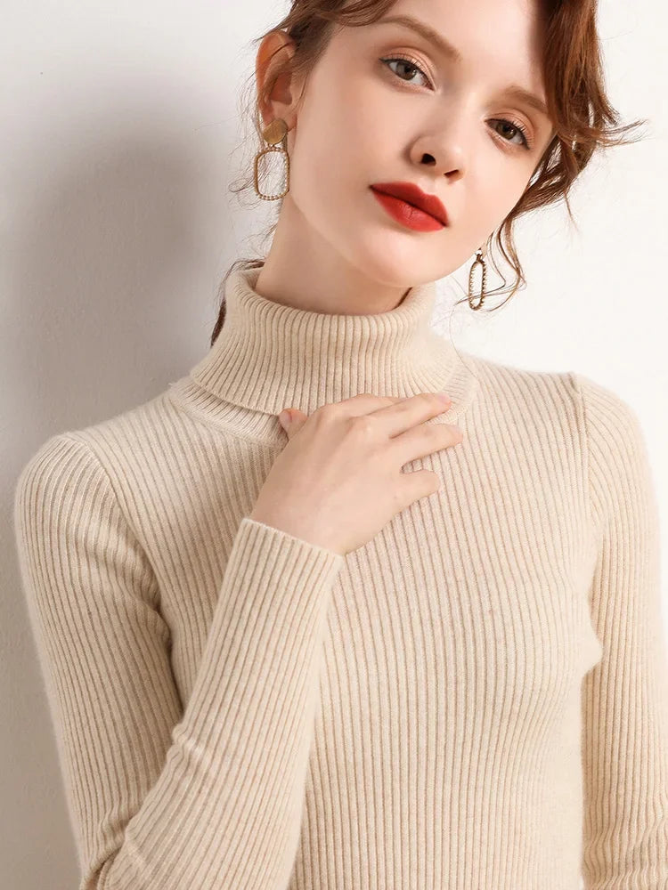 Femme Pull Col Roulé – Maille Côtelée – Coupe Ajustée – Manches Longues Élégantes