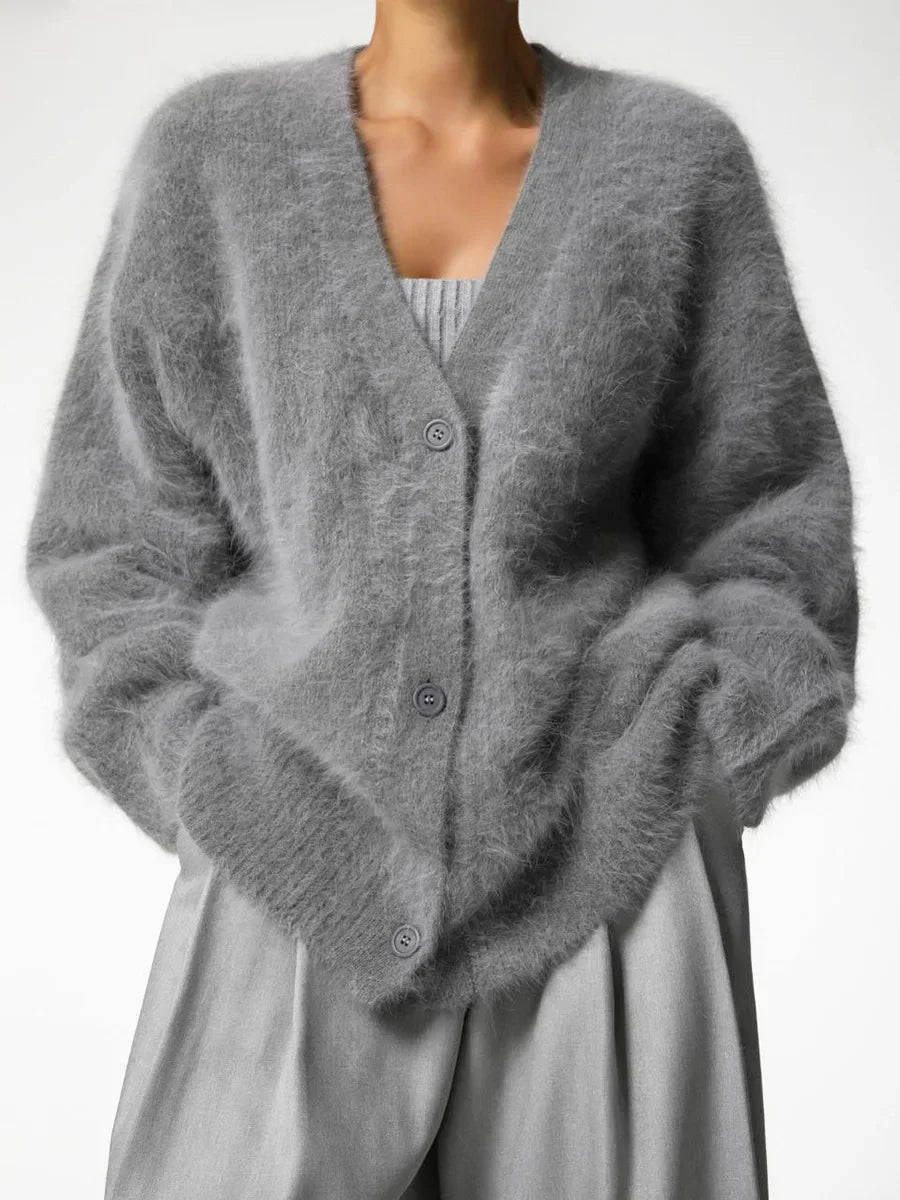 Cardigan Femme Oversize - Matière Duveteuse - Coupe Ample - Col V - Boutonné Casual