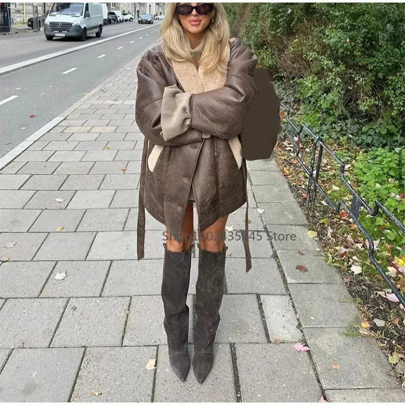 Manteau Femme en Cuir avec Ceinture – Coupe Oversize – Doublure Laine – Col Châle