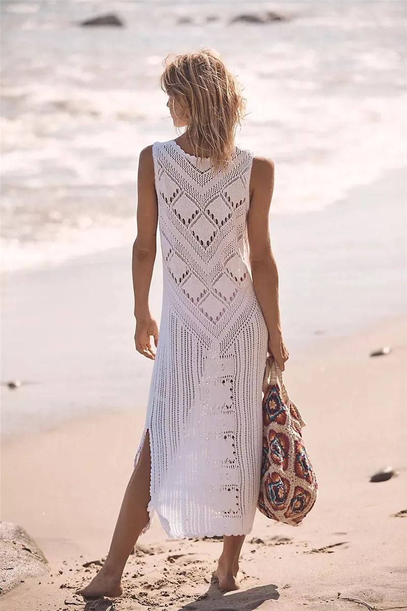 Robe femme – Coupe décontractée – Maille ajourée – Col V – Motif géométrique – Fente côté