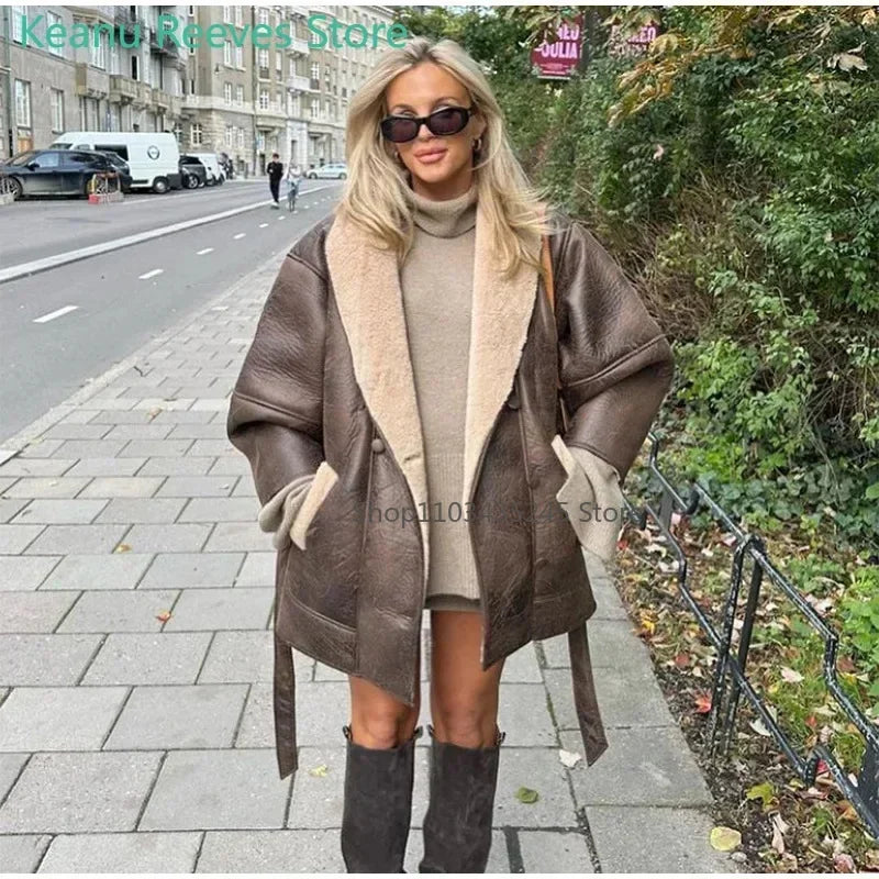 Manteau Femme en Cuir avec Ceinture – Coupe Oversize – Doublure Laine – Col Châle