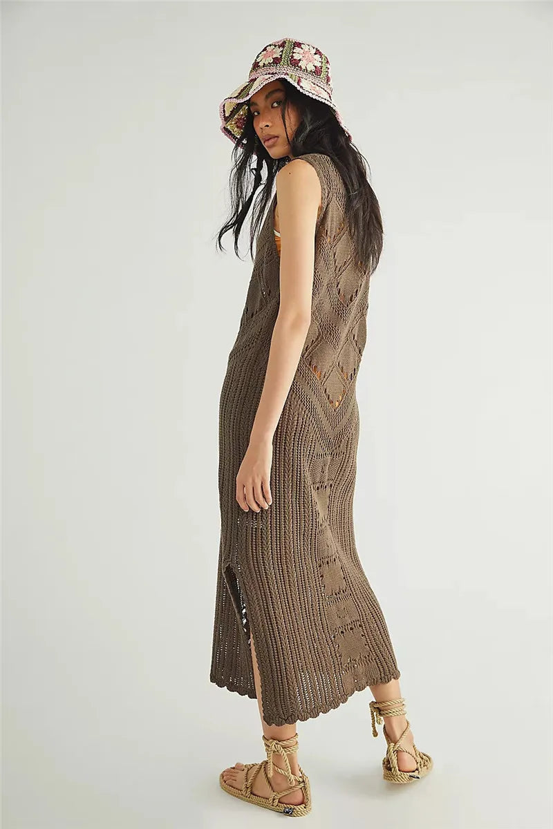 Robe femme – Coupe décontractée – Maille ajourée – Col V – Motif géométrique – Fente côté