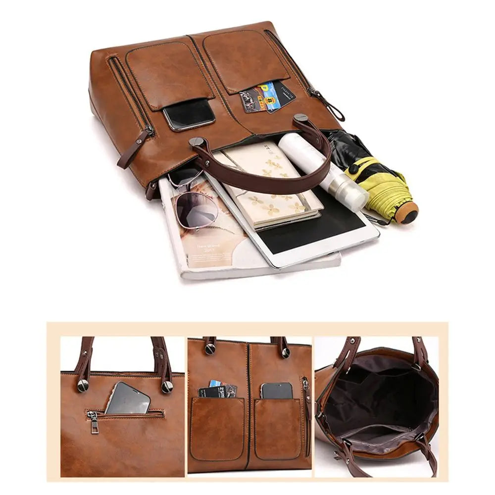 Sac Cabas Femme - Cuir Véritable - Multi-Poches - Bandoulière Ajustable Amovible