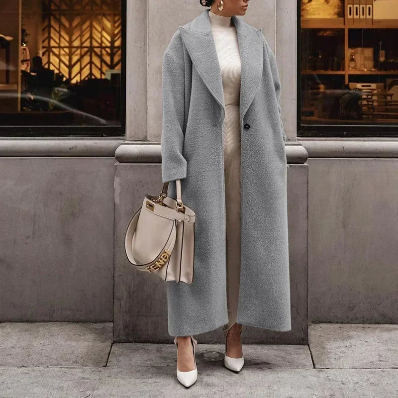 Manteau long femme - Coupe droite oversize - Tissu texturé - Revers larges élégants