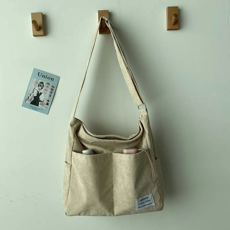 Sac bandoulière femme - Côtelé décontracté - Multi-poches - Bandoulière large confortable