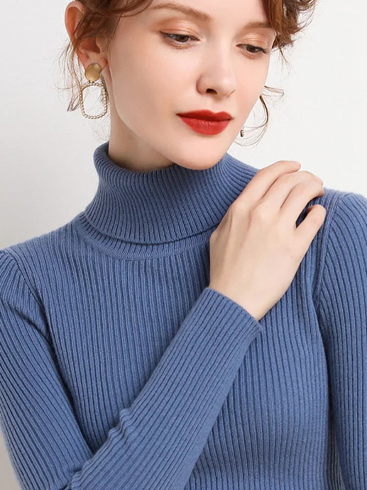 Femme Pull Col Roulé – Maille Côtelée – Coupe Ajustée – Manches Longues Élégantes