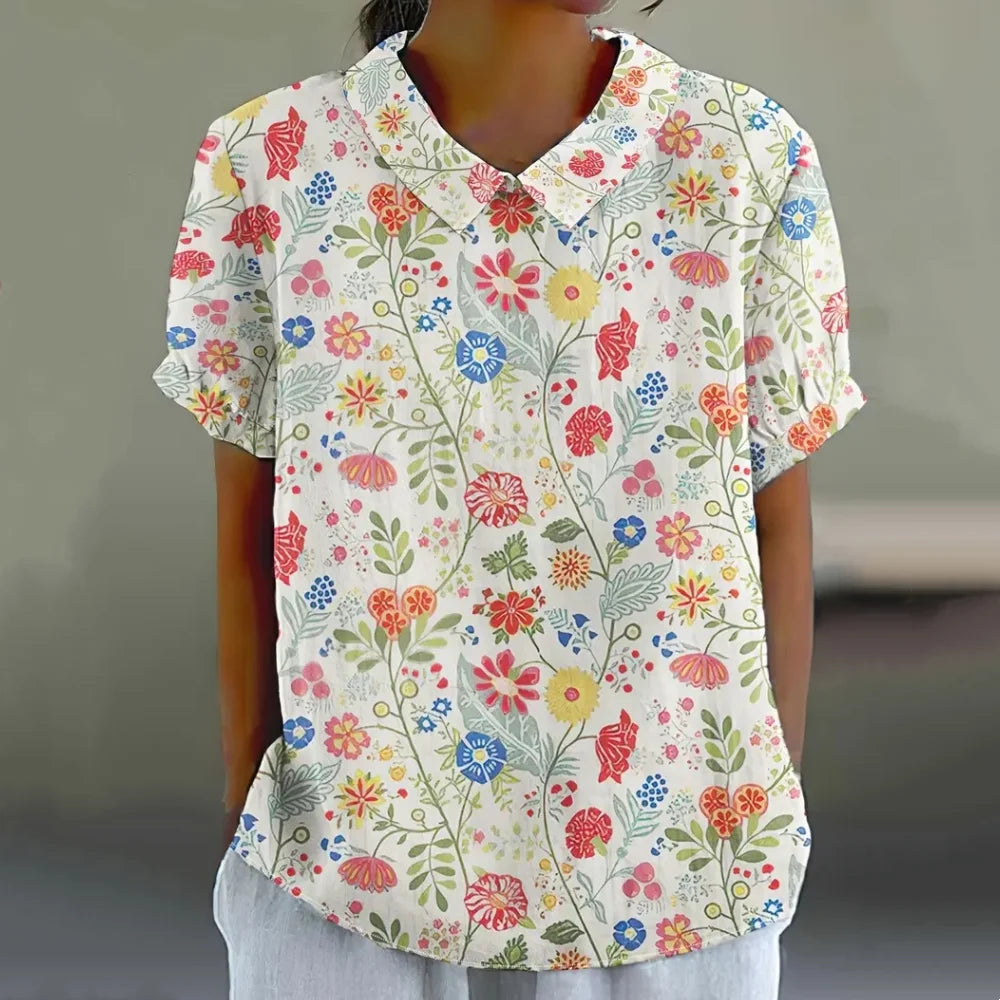 Blouse Femme - Col Claudine - Manches Courtes - Coupe Ample - Imprimé Floral Aéré