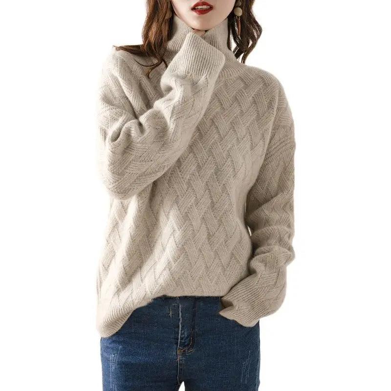 Femme Pull Col Roulé – Maille Torsadée – Coupe Ample – Manches Longues Douces