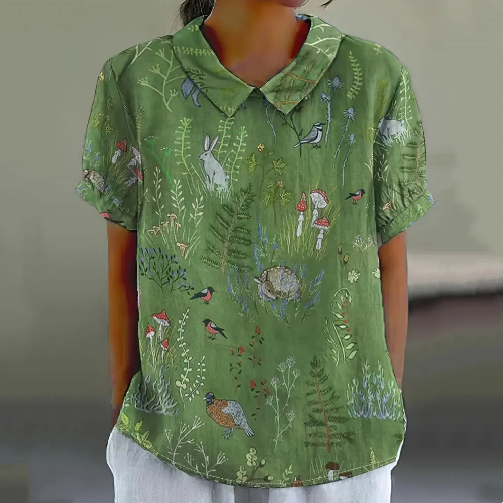 Blouse Femme - Col Claudine - Manches Courtes - Coupe Ample - Imprimé Floral Aéré