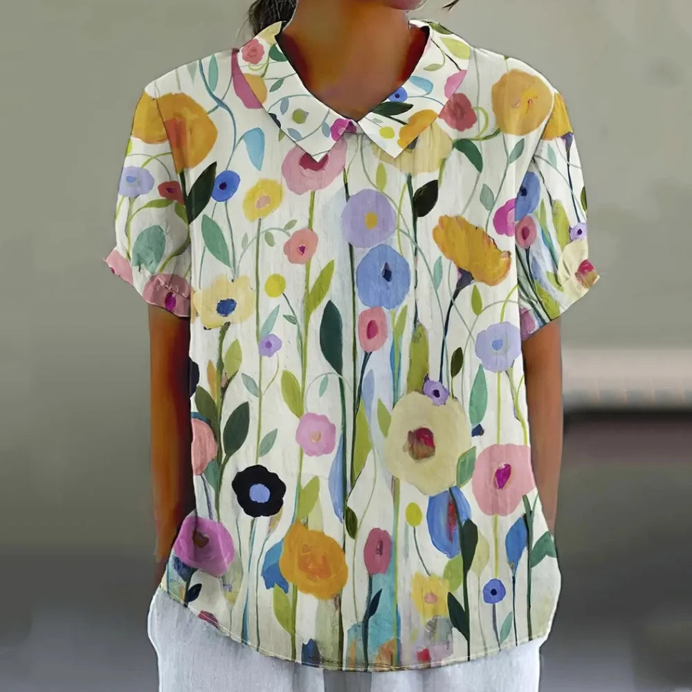 Blouse Femme - Col Claudine - Manches Courtes - Coupe Ample - Imprimé Floral Aéré