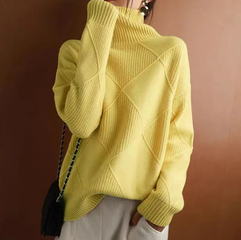 Femme Pull Col Roulé – Laine Mérinos – Maille Texturée – Coupe Ample Confortable