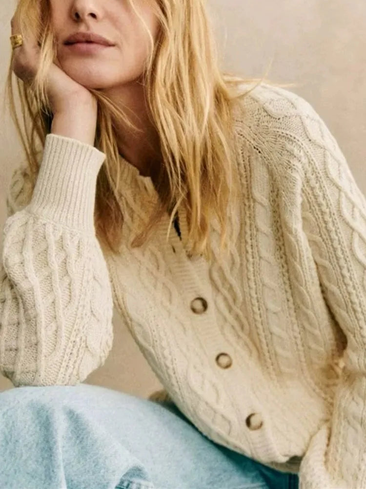 Cardigan Femme – Maille Torsadée – Coupe Décontractée – Col V – Manches Longues