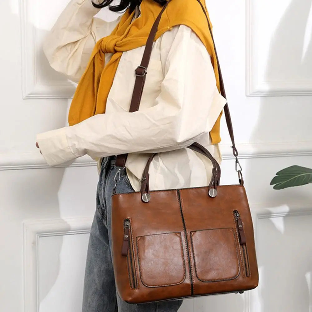Sac Cabas Femme - Cuir Véritable - Multi-Poches - Bandoulière Ajustable Amovible