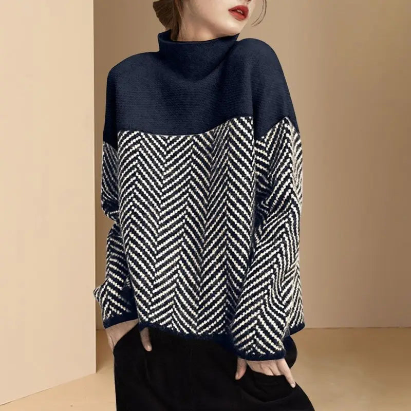 Pull Femme - Col Montant - Coupe Ample - Motif Chevron - Manches Longues - Maille Douce