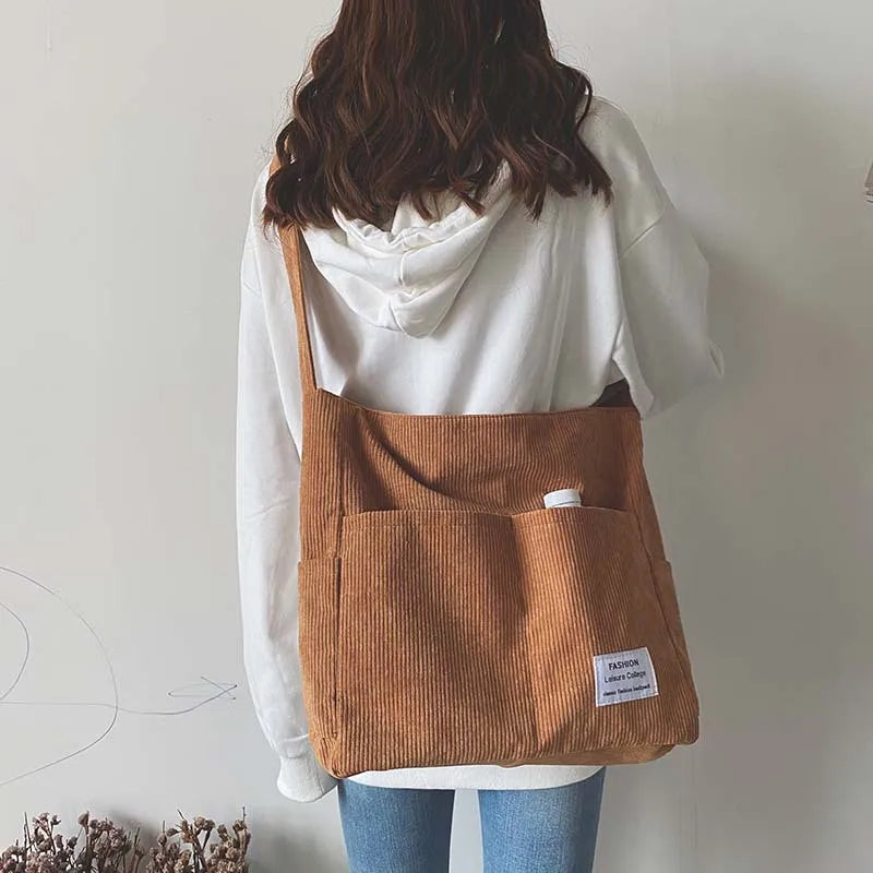 Sac bandoulière femme - Côtelé décontracté - Multi-poches - Bandoulière large confortable
