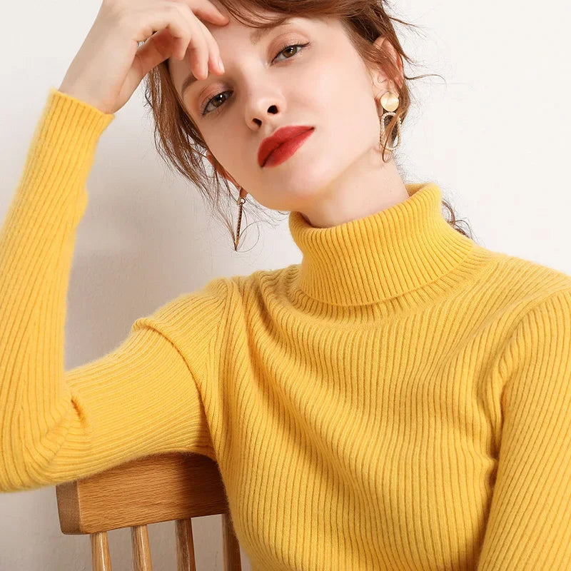 Femme Pull Col Roulé – Maille Côtelée – Coupe Ajustée – Manches Longues Élégantes