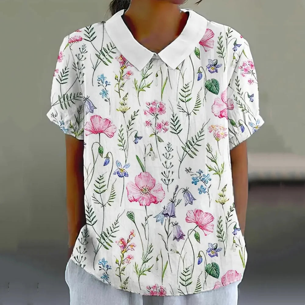 Blouse Femme - Col Claudine - Manches Courtes - Coupe Ample - Imprimé Floral Aéré