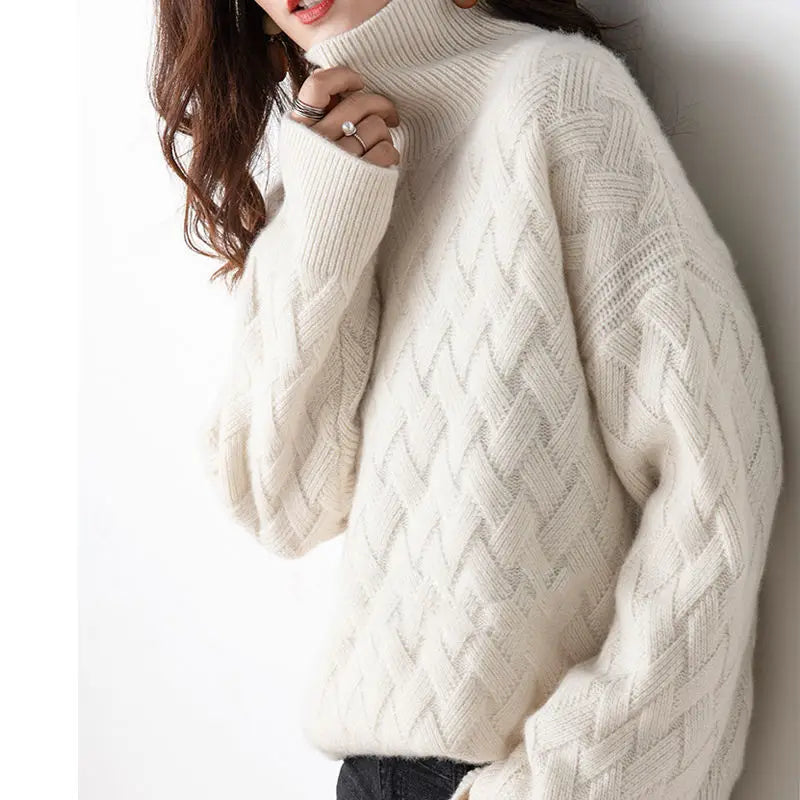 Femme Pull Col Roulé – Maille Torsadée – Coupe Ample – Manches Longues Douces