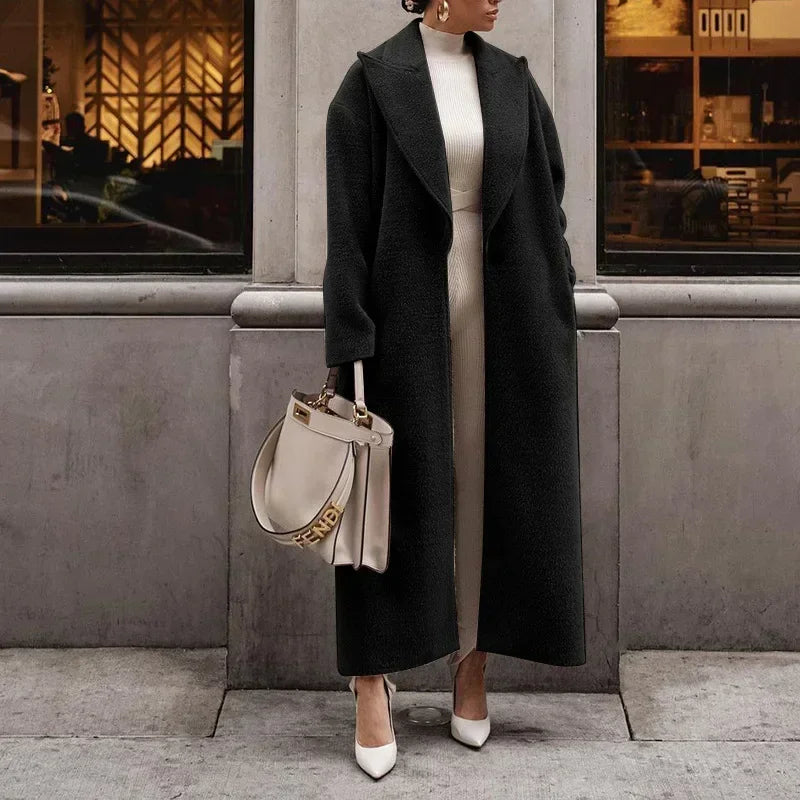 Manteau long femme - Coupe droite oversize - Tissu texturé - Revers larges élégants