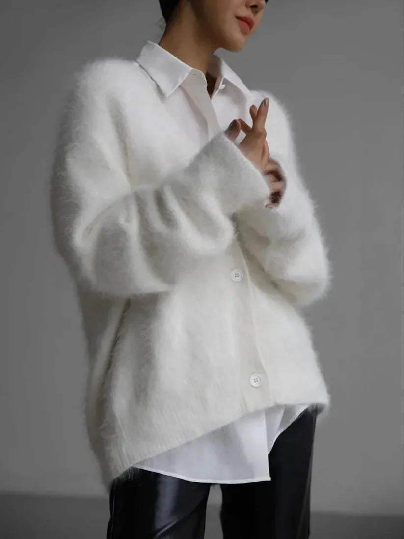 Cardigan Femme Oversize - Matière Duveteuse - Coupe Ample - Col V - Boutonné Casual