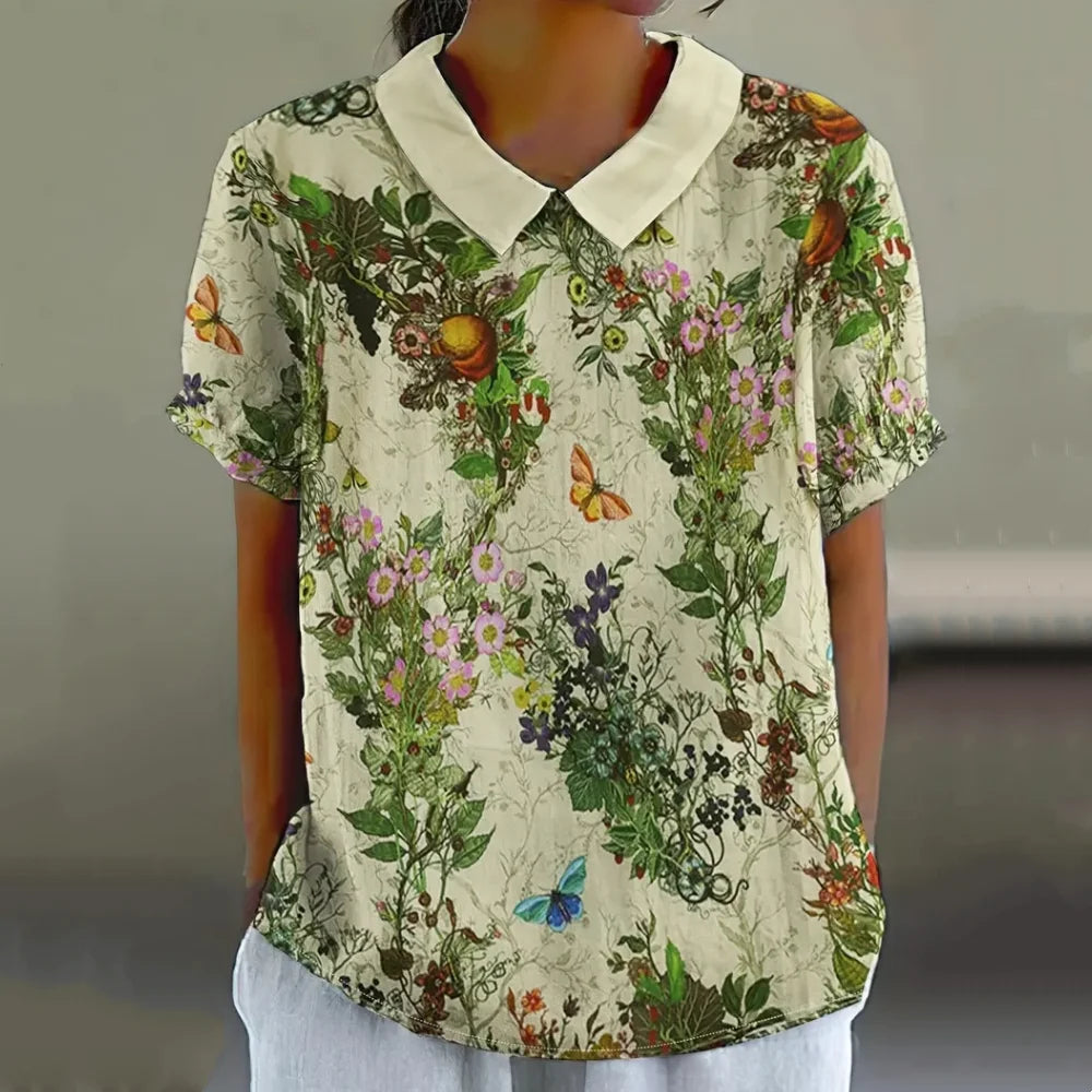 Blouse Femme - Col Claudine - Manches Courtes - Coupe Ample - Imprimé Floral Aéré