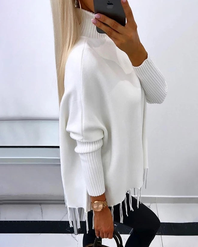 Femme Pull Poncho – Col Roulé Haut – Coupe Ample – Finitions Franges – Manches Côtelées